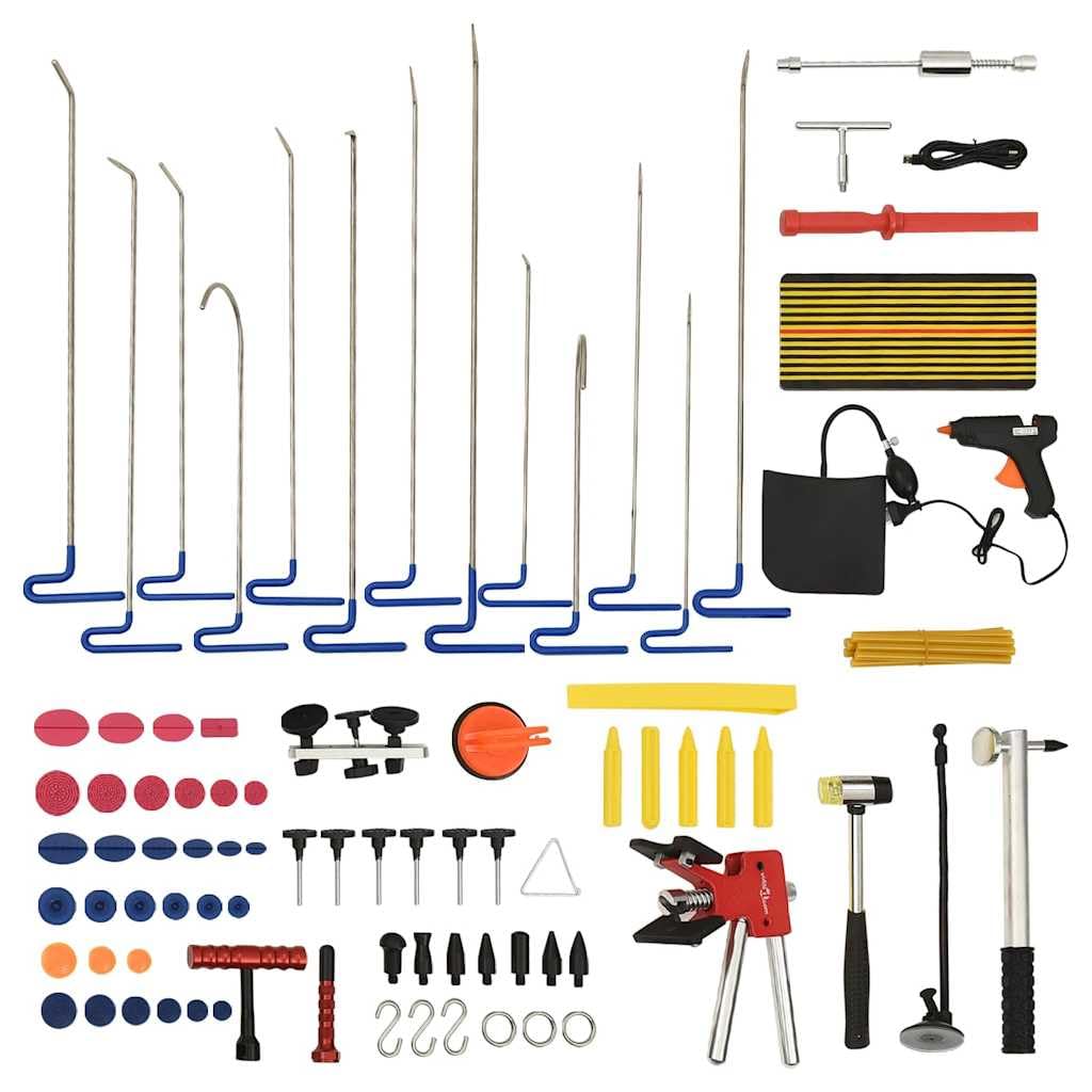 Set di 80 attrezzi per la rimozione delle ammaccature in acciaio inox con cuneo pompa, martello scorrevole, pistola per colla e circuito stampato a LED, set completo per la riparazione delle