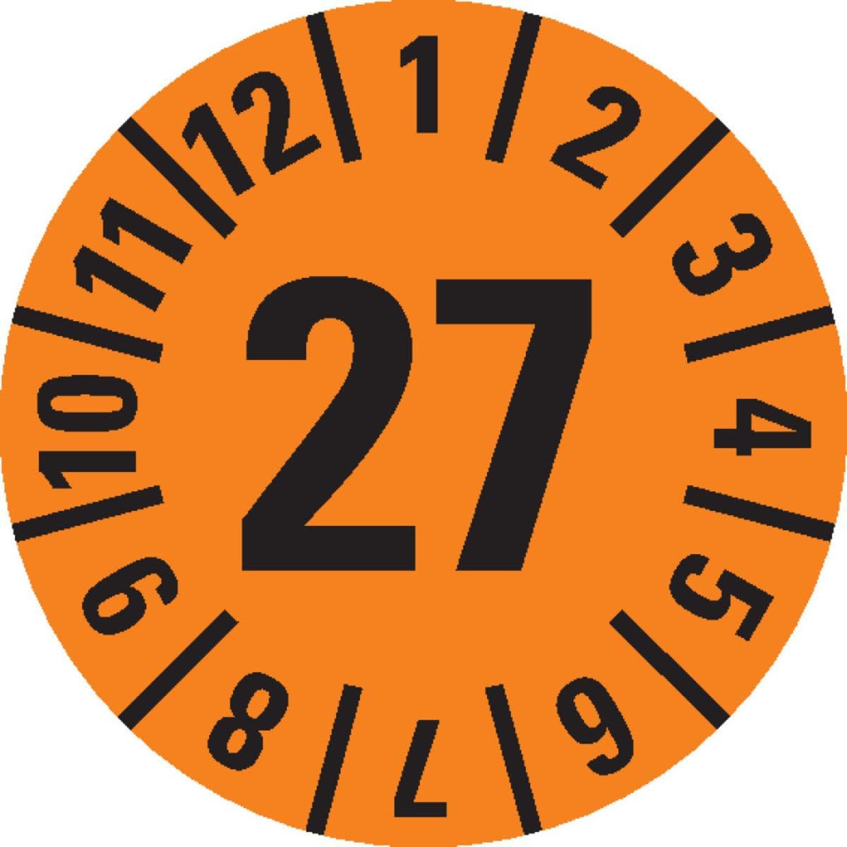 Prüfplakette 27, orange, Dokumentenfolie mit Spezialkleber, Ø 15mm, 60/Bogen
