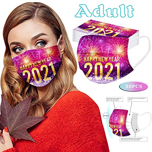 BEUU 30PCS 2021 Happy New Year Adults Disposable Face Macks Print Face Covering Cloth Face Protection for Women and Men, Fashion Breathable Industrial Earloop Face Fabric for Outdoor Sports - Image 3