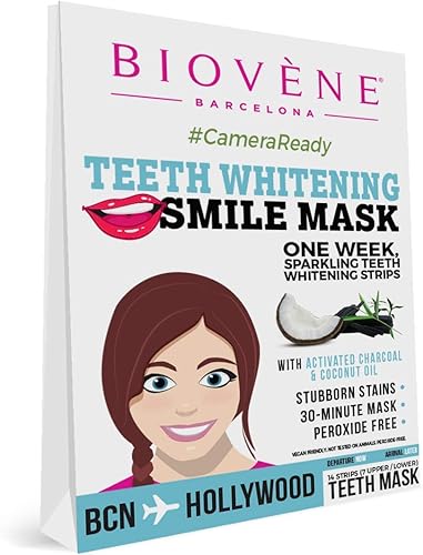 Biovene Tiras blanqueadoras de dientes con máscara de sonrisa - con carbón activado y aceite de coco, apto para veganos, 14 tiras