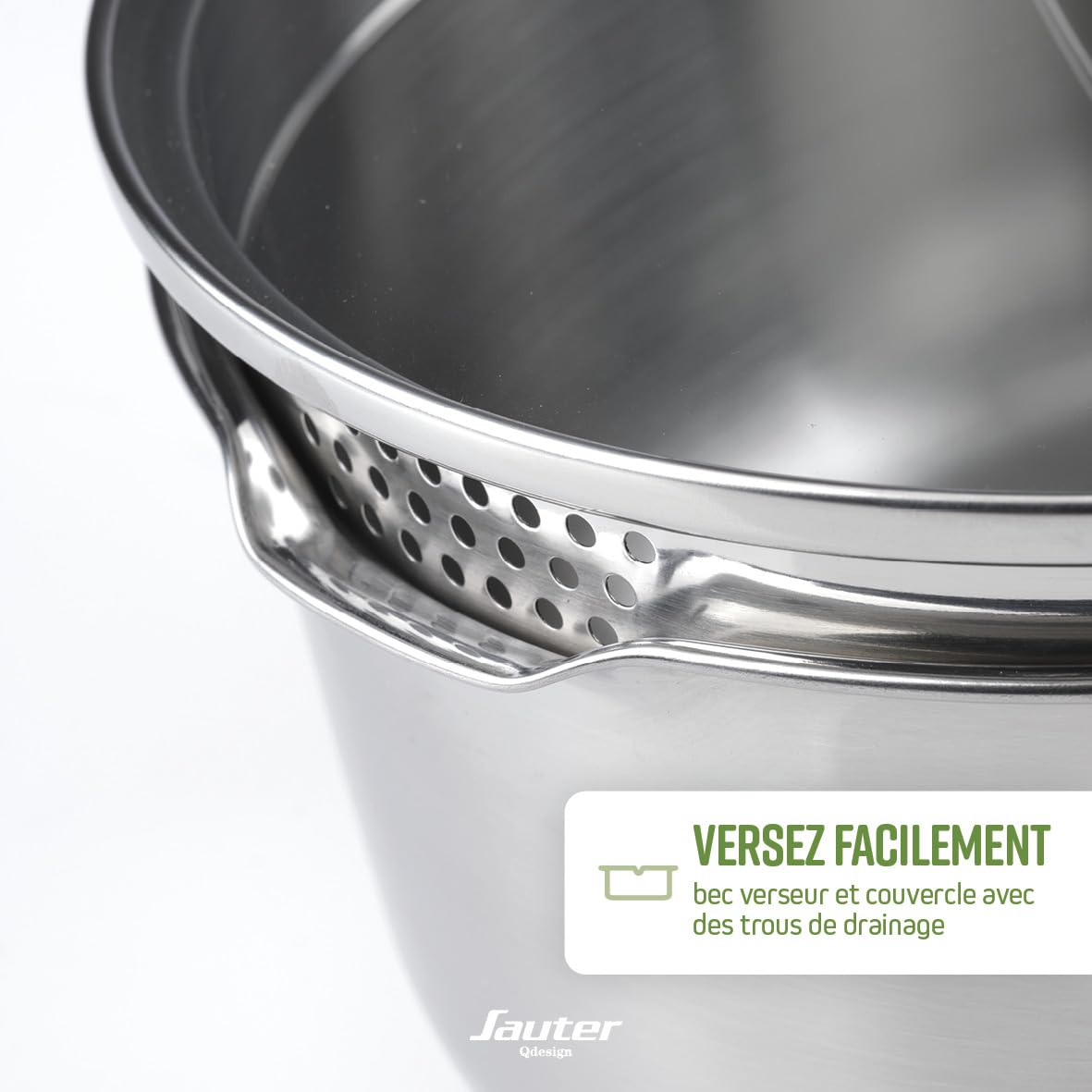 Qdesign - Batterie de Cuisine à Induction 10 Pièces - Set de 3 Casseroles, 3 Poêles et 3 Couvercles Passoires avec Poignée Amovible - Acier Inoxydable - Lot pour Tout Feu - Argenté