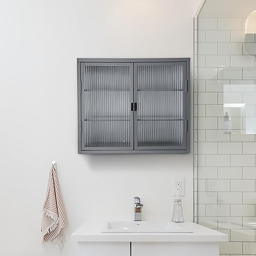 Miniatura 3 de Finca ancha Gabinete con puertas de vidrio, gabinete de boticario de baño con 2 puertas y estantes ajustables de 27.6 pulgadas para cocina de pared