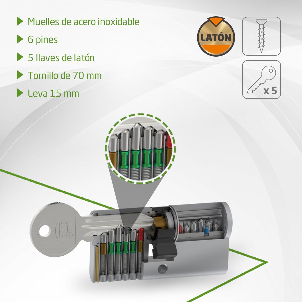 Amig - Cilindro de seguridad Mod. 9800 - Cerradura para puertas - Leva larga de 15mm - Sistema antitaladro - Incluye 5 llaves - Plateado - Medidas: 100 (50-50 mm)