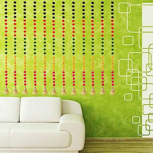Image of DSCYENTES Pom Pom Door Side Hangings for Decoration, Ganesh Chaturti Decoration, Wall Hanging for Main Entrance,Temple Pooja Room, Stylish & Handmade Diwali Hanging (3 Feet, 12 Pc's)