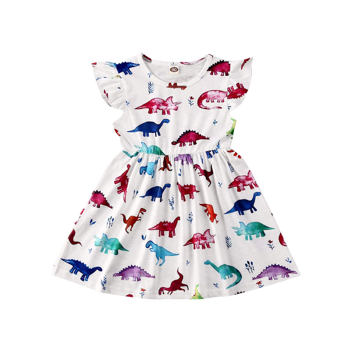 Toddler Baby Girl Rainbow Dress Stripe Ruffle Sleeve A-Line Mini Dress Sundress Casual Dress Summer Clothes (Colorful Dinosaur, 1-2Y)