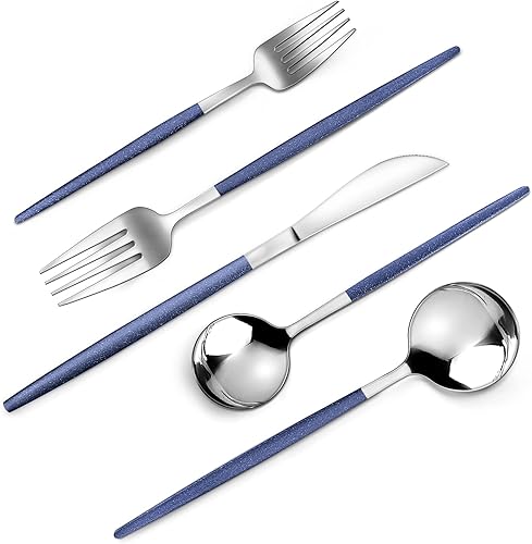 Mirror Silver Blue - Juego de cubiertos de acero inoxidable de 20 piezas, acabado satinado, servicio para 4, hogar y restaurante, apto para
