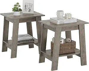 End Table, Set of 2, Side Table with 2-Tier Storage Shelf, Sofa Table for Small Space, Square Nightstand for Entryway, Farmhouse, Living Room, Easy Assembly, Grey