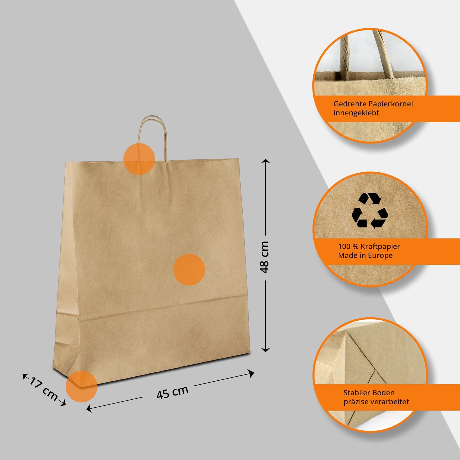 Papiertüten braun mit Kordel-Henkel I 150 Stk. 45+17x48cm I Papiertragetasche für Einzelhandel, Hochzeit, Geburtstag, TO-GO I Geschenktüten aus Kraftpapier I HUTNER