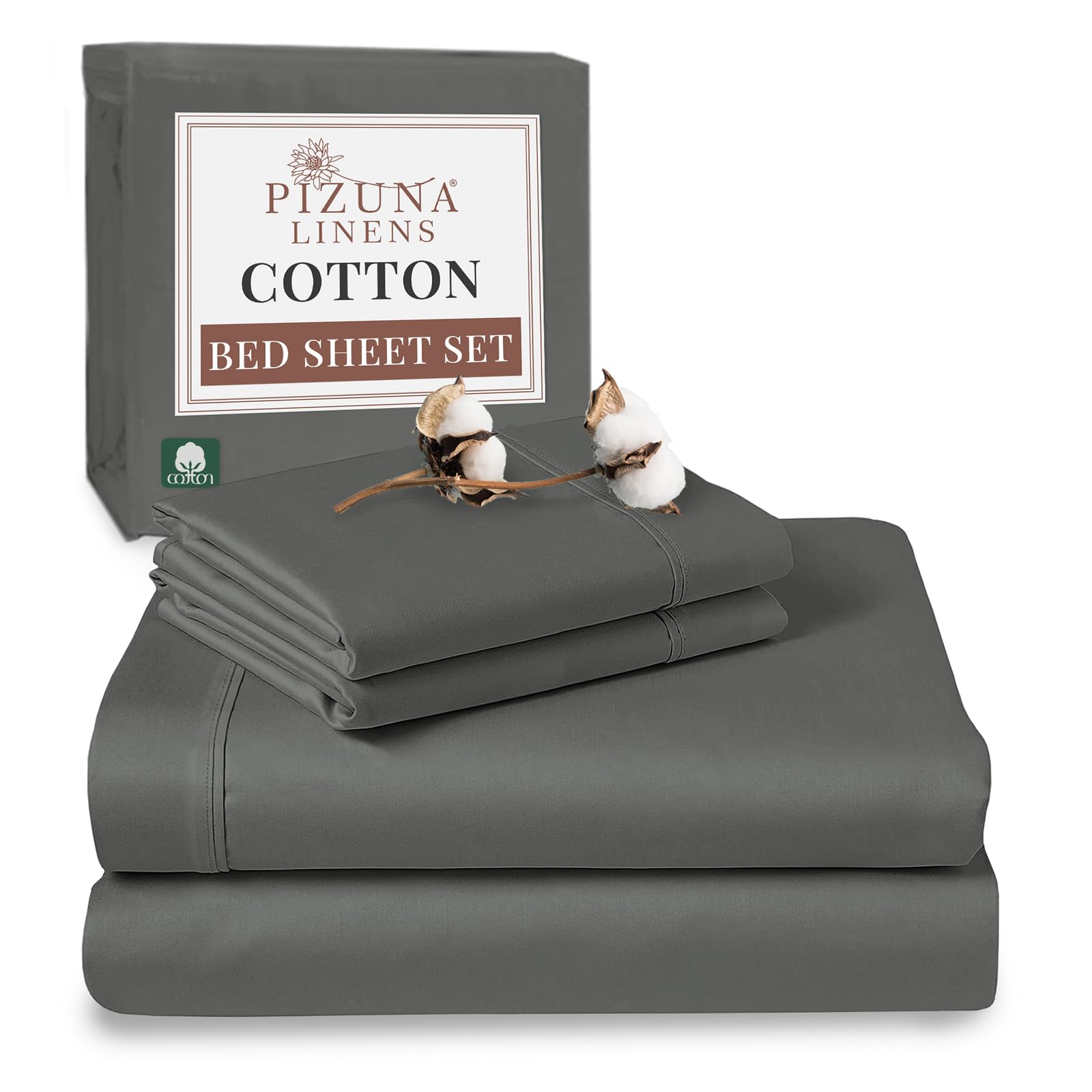 Pizuna Dark Grey 100% Cotton Double Bed Sheet Set 400 Thead Count Long Staple Cotton Bedding Set 230X280 Cm, Soft Sateen 4 Pc Double Bed Sheet Set - Fitted Sheet, Flat Sheet & 2 Pillowcases