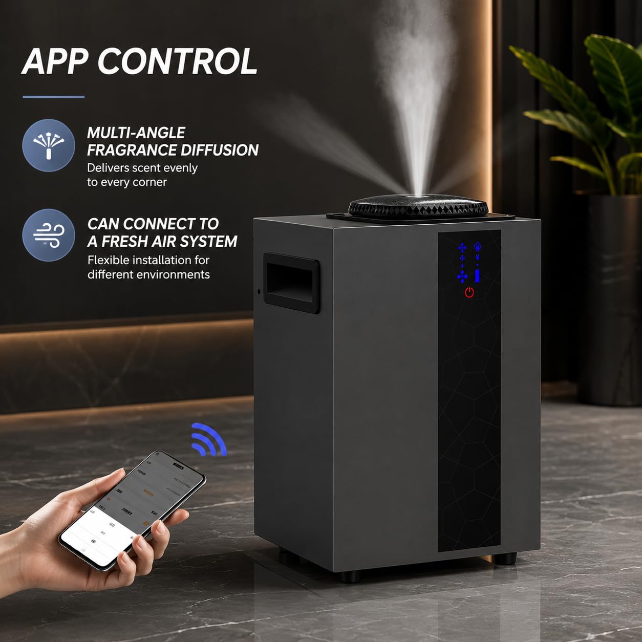 Difusor de aroma de hotel, difusor de aroma HVAC con control inteligente de aplicación Bluetooth para el hogar, la oficina y el centro comercial grande