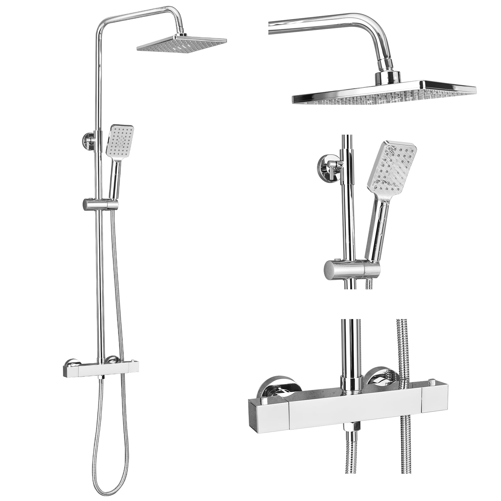 MYXJGNAIY Thermostatic Shower Mixer Set Chrome, 21cm Square Overhead Rainfall Shower Head, 3 Jet Types Handheld Shower, Height Adjustable Shower Set, Thermostatic Shower System Anti-Scalding