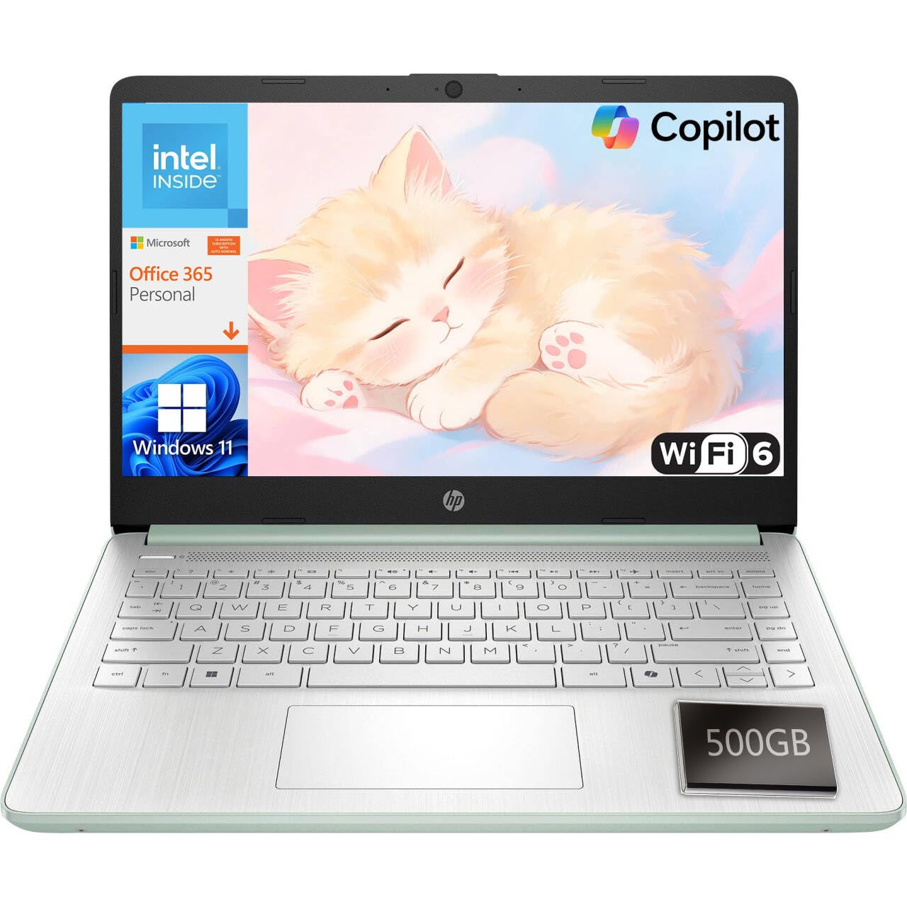 HP Essential Laptop 2026, Intel CPU, 128GB Storage, Office 365, Windows 11 | With 500GB Ext HDD, Copilot AI, WiFi 6, Long Battery Life, Lightweight & Portable, Online Learning, Streaming, Willow Green