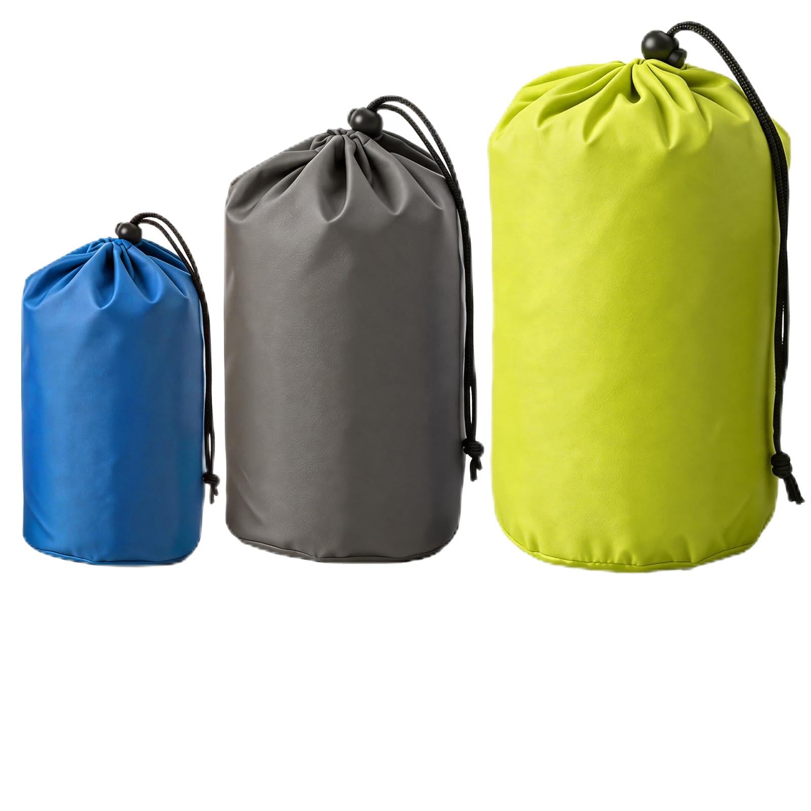 Apcodino 3PCS Stuff Sack Waterproof Outdoor Small Items Storage Stuff Bag Portable Hanging Drawstring String Nylon Sacks for Boating Hiking Camping Travel Beach Sandbags Sky Blue Gray Yellow