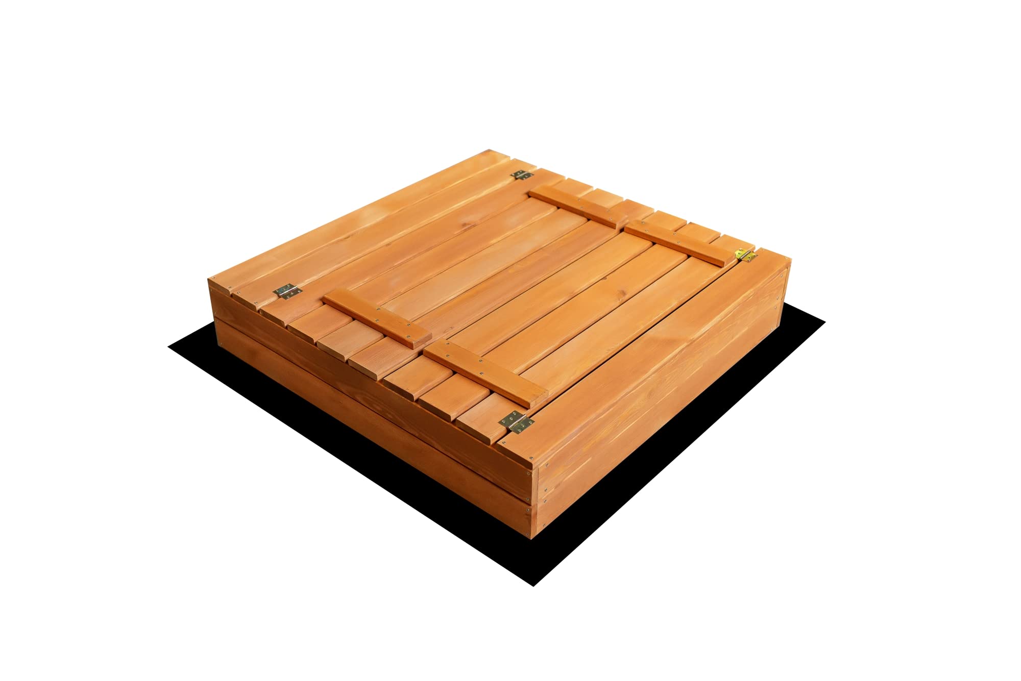 SunWood Sandkasten 100x100 cm Imprägniert Premium Sandbox mit Abdeckung Sitzbänken Deckel Plane Sandkiste Holz Kiefer Sandkastenvlies Amber-Imprägniert
