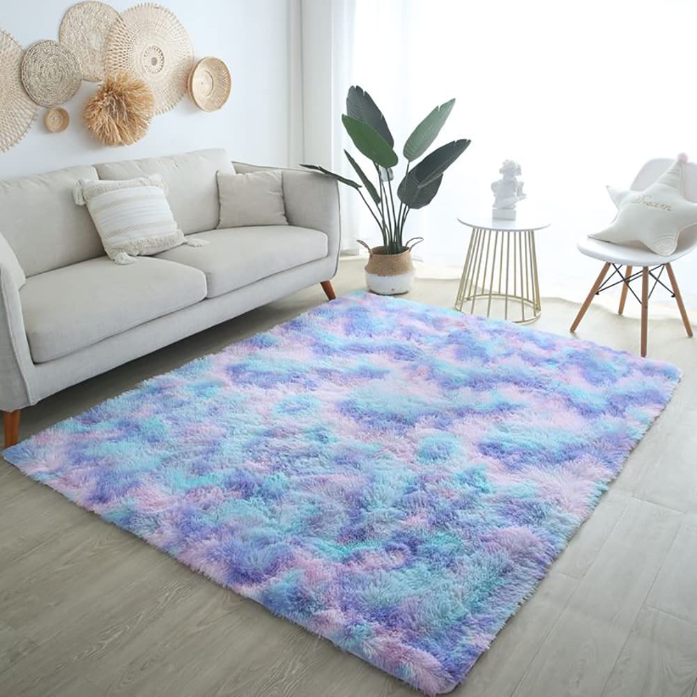 Tappeti morbidi a pelo lungo con tintura tie-dye per camera da letto e soggiorno, tappeto colorato e soffice, piccolo e grande, blu e viola, 120 x 160 cm