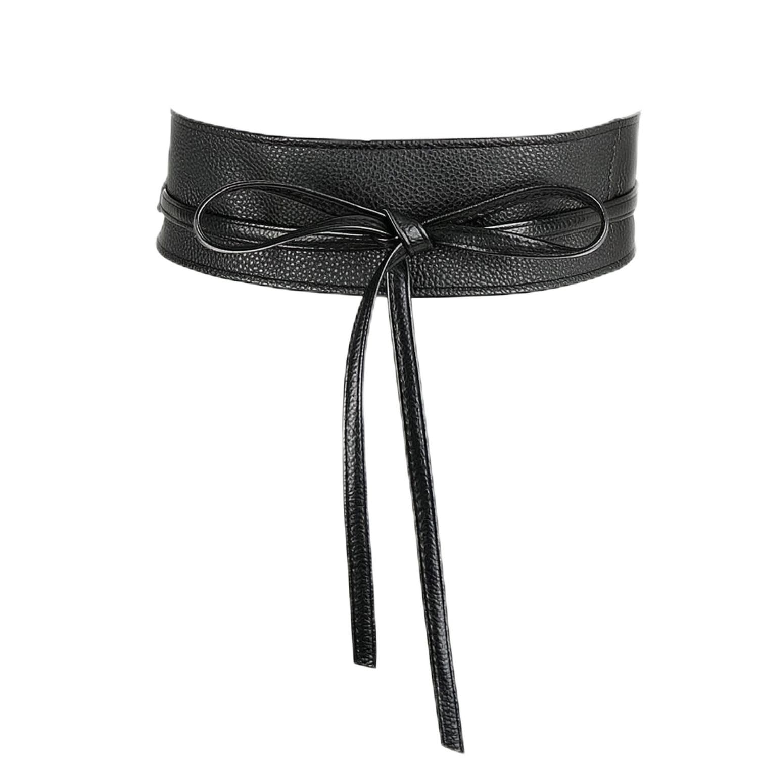 snappsy Long Straps Faux Leather Wrap Belt Black Wide Tie Waist Belt Pebbled Fashion Accessory Soft, Black-picture-2