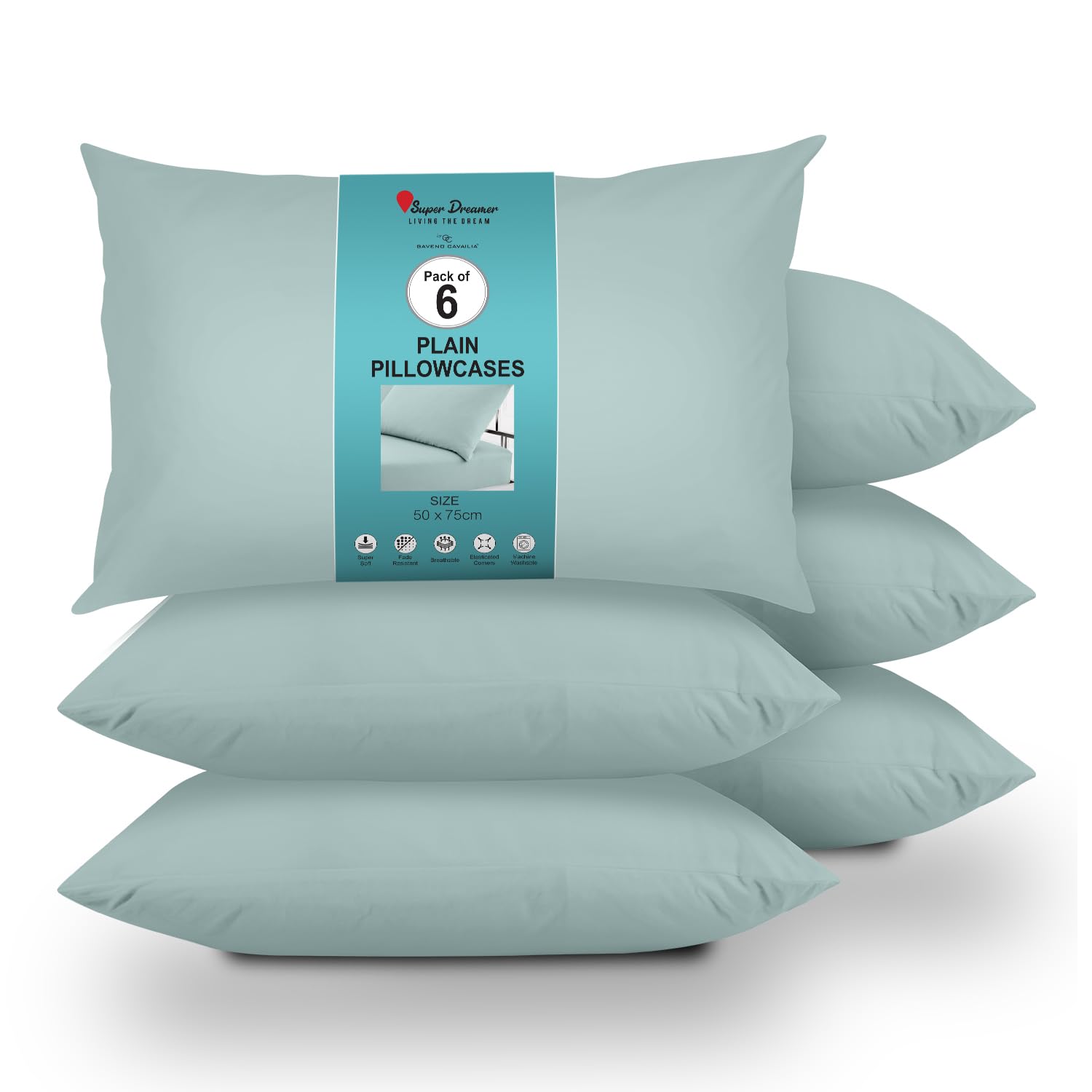 GC GAVENO CAVAILIA 6 Pairs Microfiber Pillowcases - 100% Brushed Plain Dyed Housewife Style - Hypoallergenic Pillow, Wrinkle, Fade Resistant - Envelope Closure - Standard Size (75x50 cm) Duck Egg