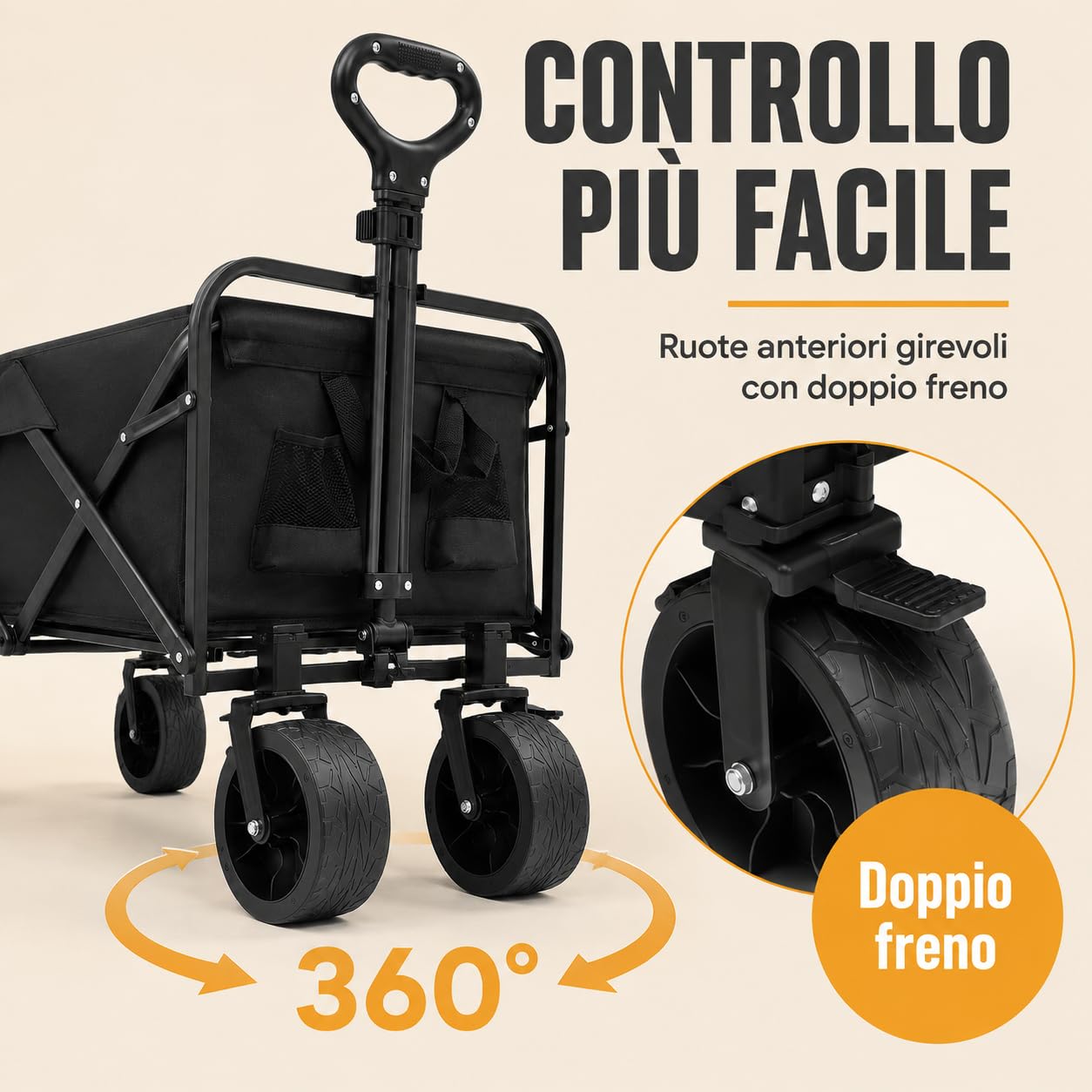 Carrello pieghevole, 115 kg, con due freni anteriori e tasche laterali