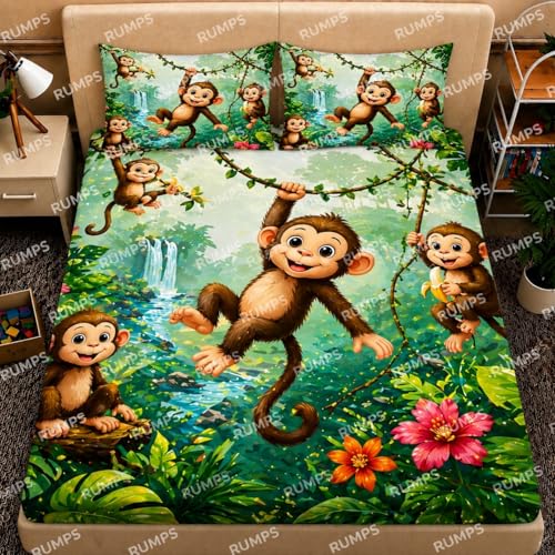 Image of RUMPS 7D Cartoon Monkey Printed Flat Bedsheet King Size 90x100 Inch with 2 Pillow Covers 16x26 Inch | Kids Cartoon Bedsheet | Soft Microfiber Double Bedsheet