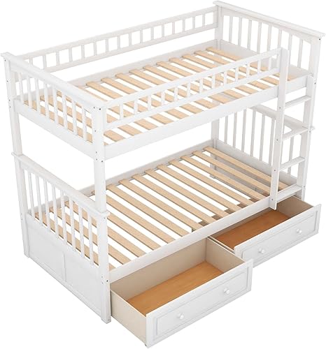 Miniatura 7 de Litera de madera individual sobre individual con 2 cajones de almacenamiento y escalera y barandilla de seguridad litera convertible litera