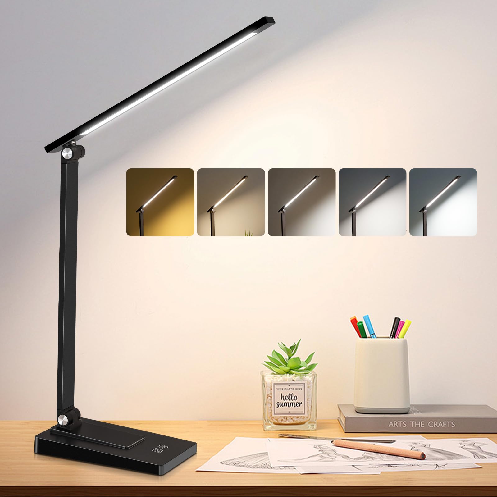 ErayLife Lámpara Escritorio LED, 800LM 2600mAh Flexo LED Escritorio sin Cable, 5 Modos, 5 Niveles de Brillo Lámpara de Mesa Aluminio & Plegable con Puerto USB para Cama, Estudiar, Negro