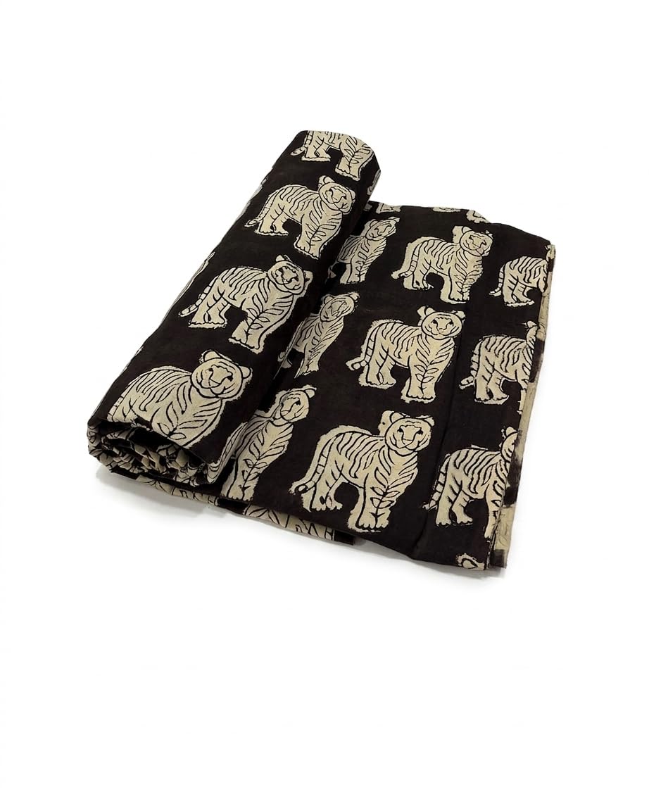 Bhamo Traditional Bhagru Hand Tiger Print Pure Cotton Fabric, Soft Breathable Unstitched Material for Women's Kurti, Suit, Dressmaking (Black, 2.5 Meter)-image-17