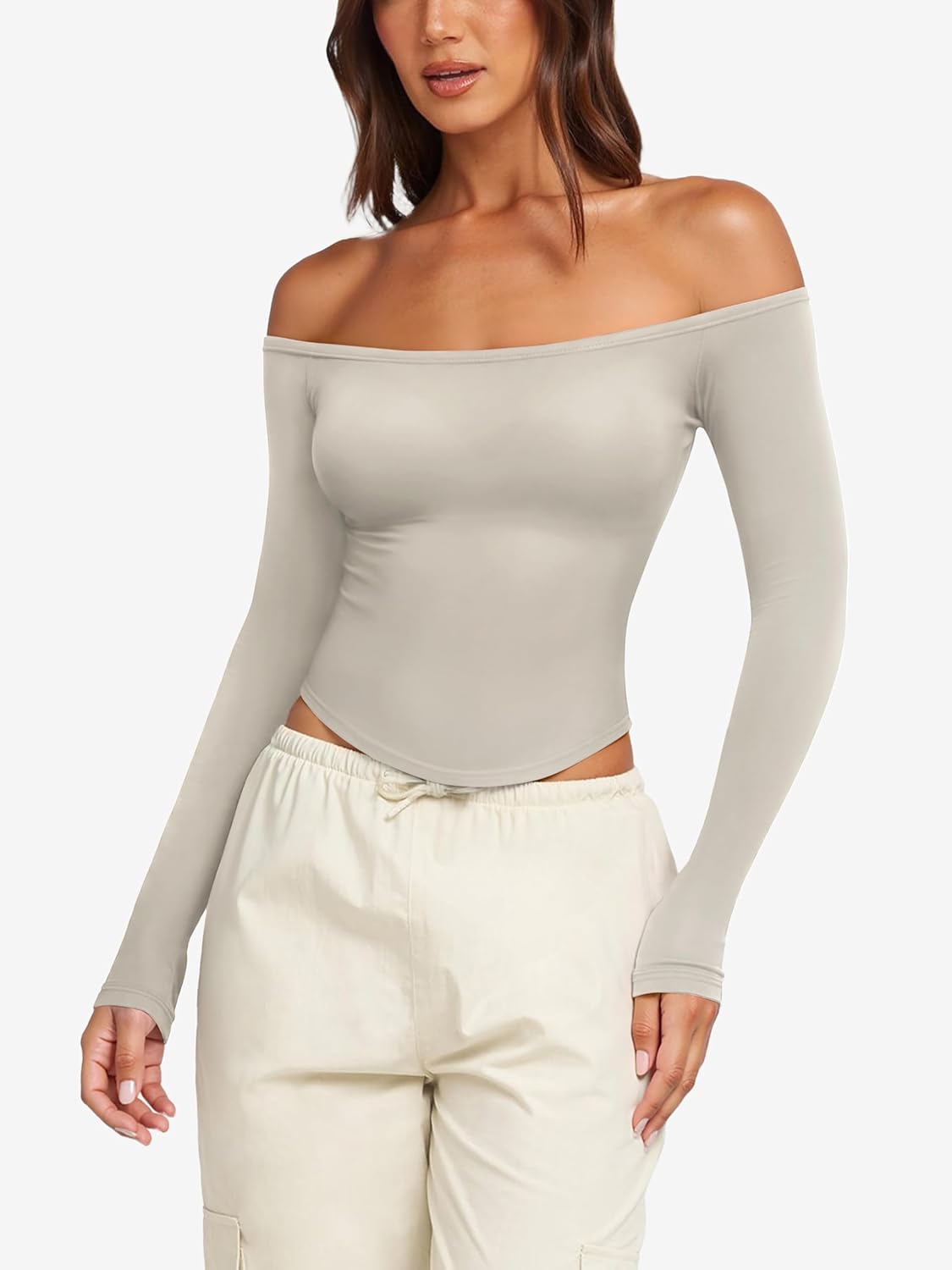 LASLULU Womens Sexy Off The Shoulder Long Sleeve Workout Tops Strapless T Shirts Crop Top Casual Fall Outfits - Image 2