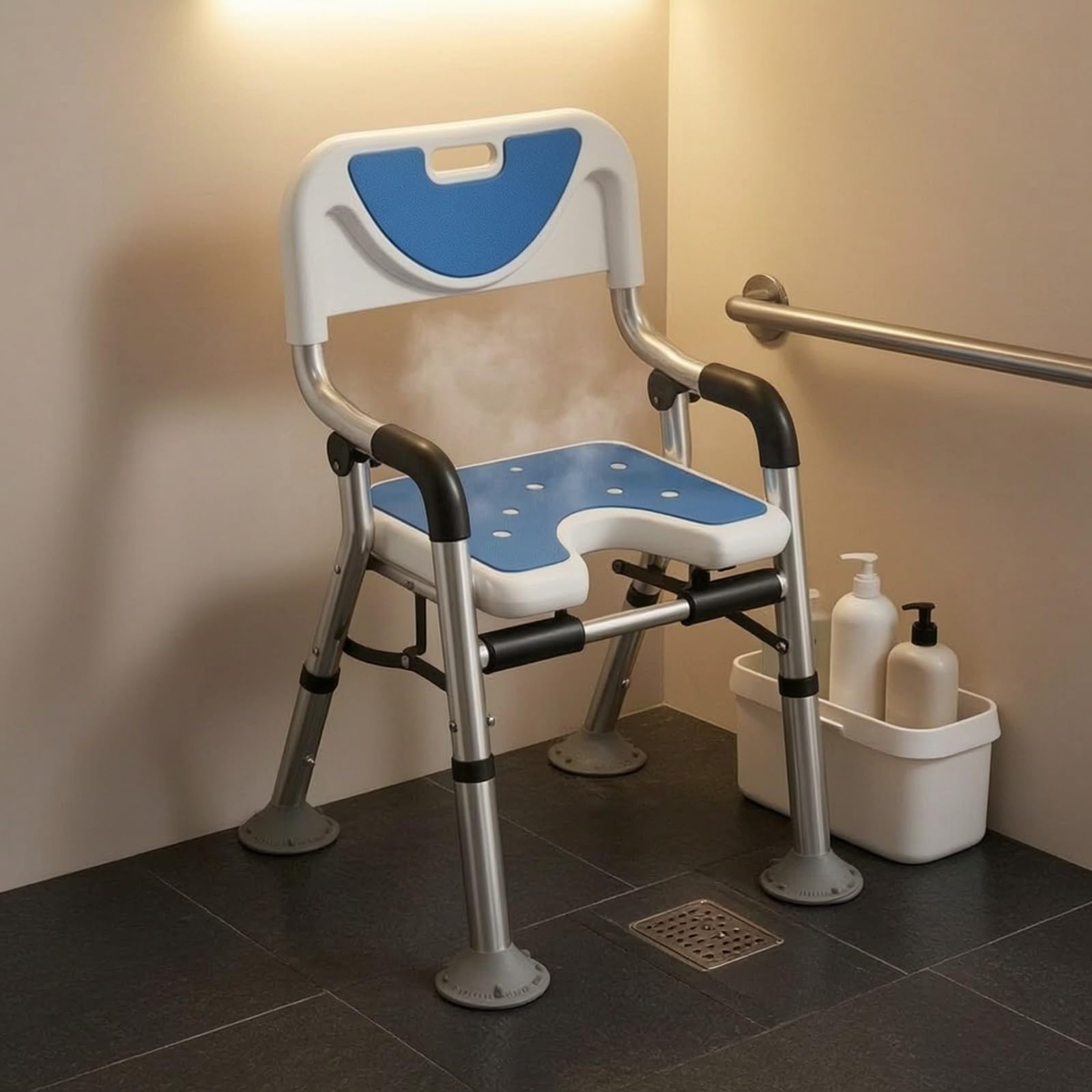 Qianly Silla Ducha con Brazos Segura Mueble | Altura Ajustable Adaptable, Silla para Ducha con Reposabrazos, Resistente Al Agua, Bañera, Ancianos, Gris