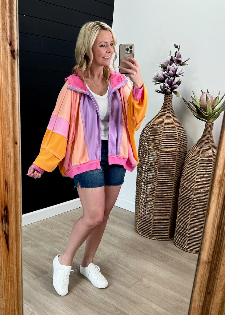 utcoco Damen-Jacke 2024 Herbst Reißverschluss Farbblock leichte Jacke Casual Patchwork Oversized Hoodies Jacken Outwear