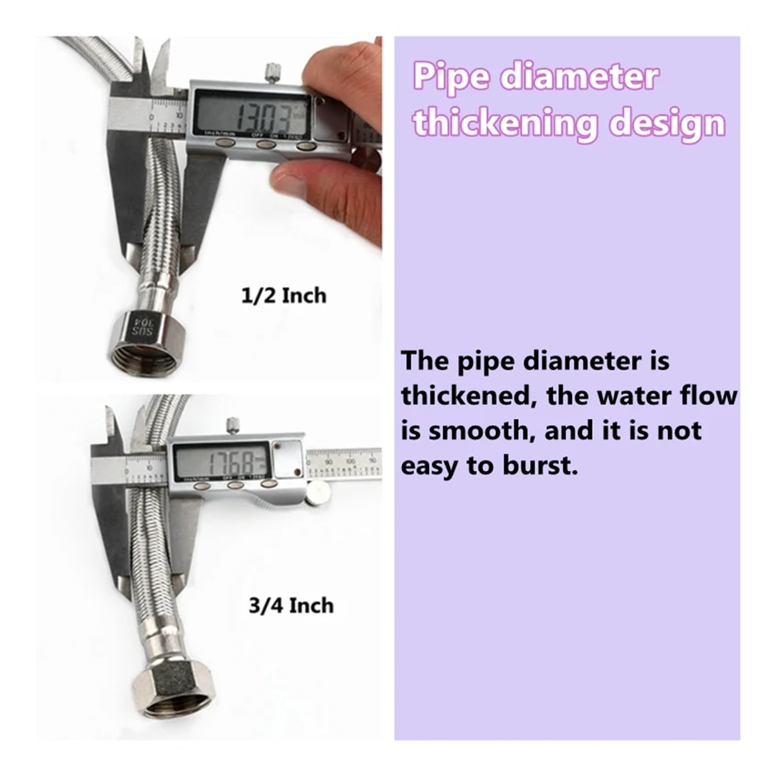 1 PC 1/2, 3/4 pollici Tubo intrecciato in acciaio inossidabile 304 Tubo ad acqua calda fredda Connessione rubinetto igienico Tubo Giardino Connessione acqua(1I2 Inch - 5m)