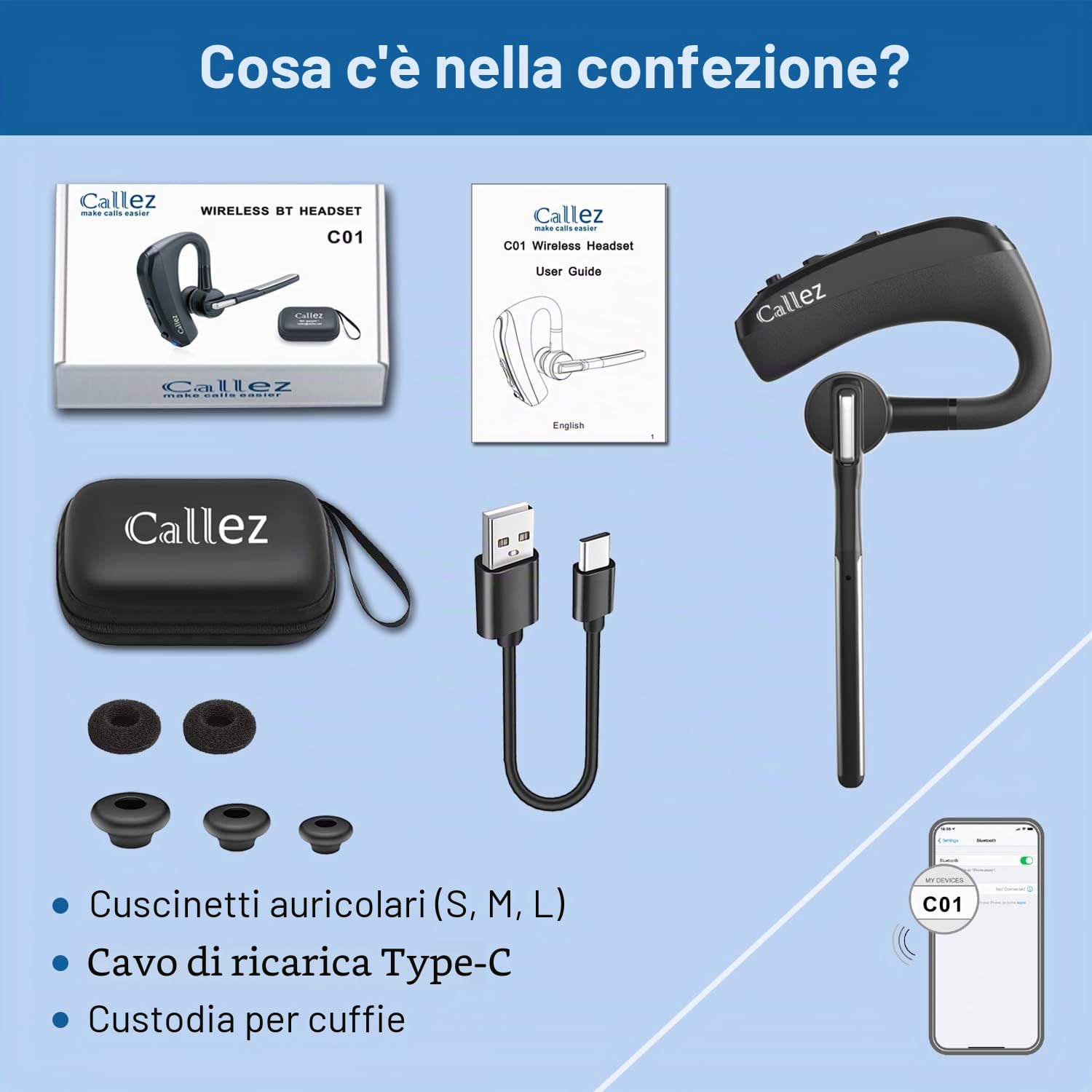 Auricolare Bluetooth con Doppio Microfono CVC8.0 Cancellazione del Rumore, Auricolari Bluetooth Singolo V5.0 Cuffie Wireless Compatibile con iPhone Samsung Cellulare Guida Lavoro Ufficio Super Leggero