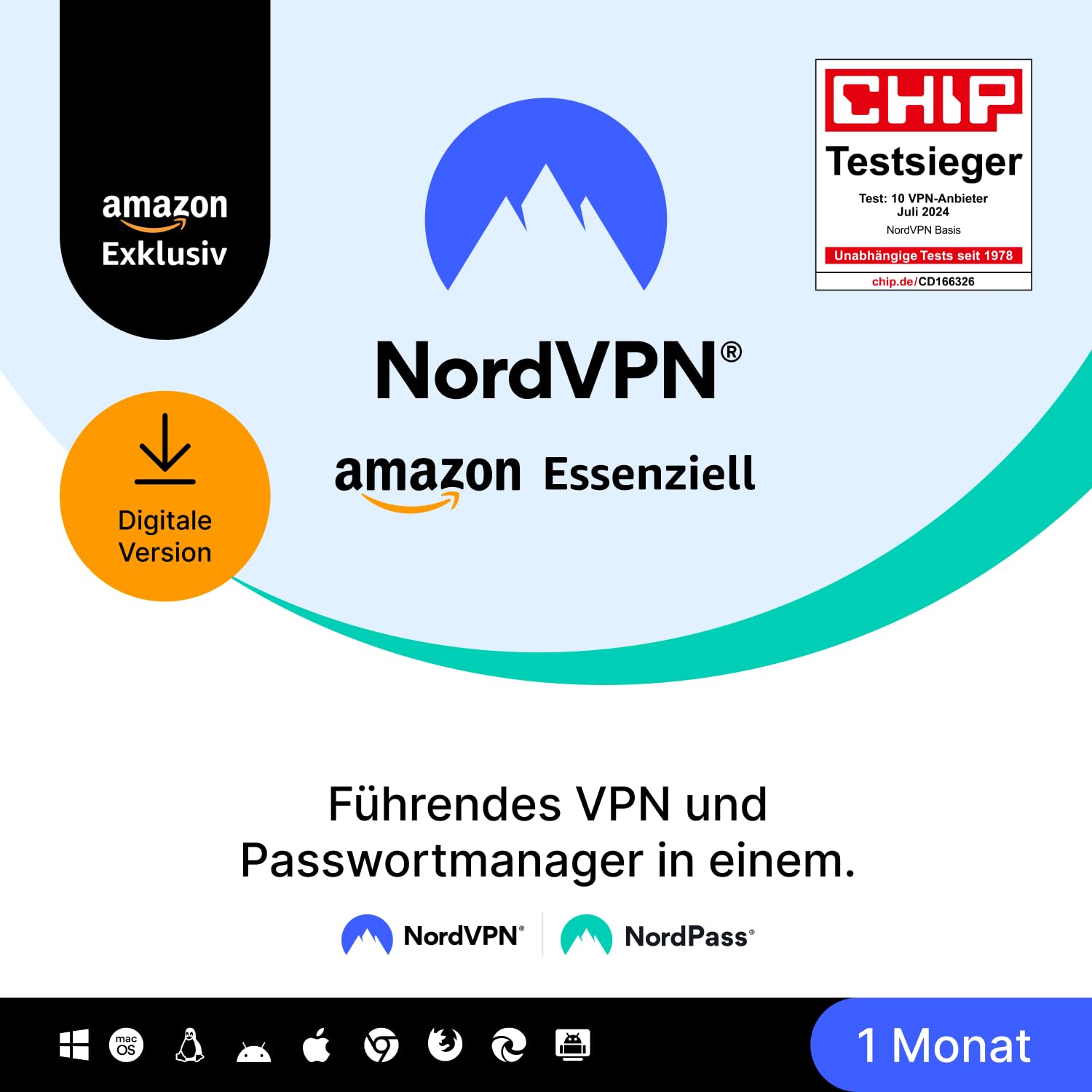 NordVPN Amazon Essenziell, 10 Geräte, 1 Monat, VPN & Passwort-Manager, Digital-Code