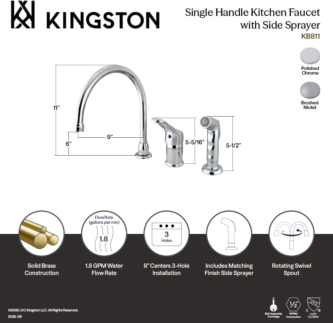 Kingston Brass KB818 Single-Handle Widespread Kitchen Faucet, Brushed Nickel