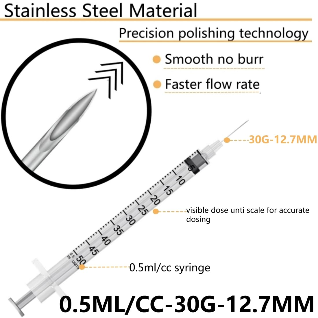50 Pack - 1/2 ml 30G 0.5 inch(12.7mm) Sample Dispensing Syringe Tool for Industrial research, Science Lab, Household Measuring Supplies — Amazon image 2