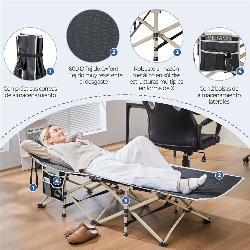 Yaheetech Cama de Camping Plegable Cama de Acampada de Tela Oxford 600D con 2 Bolsas de Almacenamiento Carga 150 kg para Playa Oficina Gris 186 x 66 cm