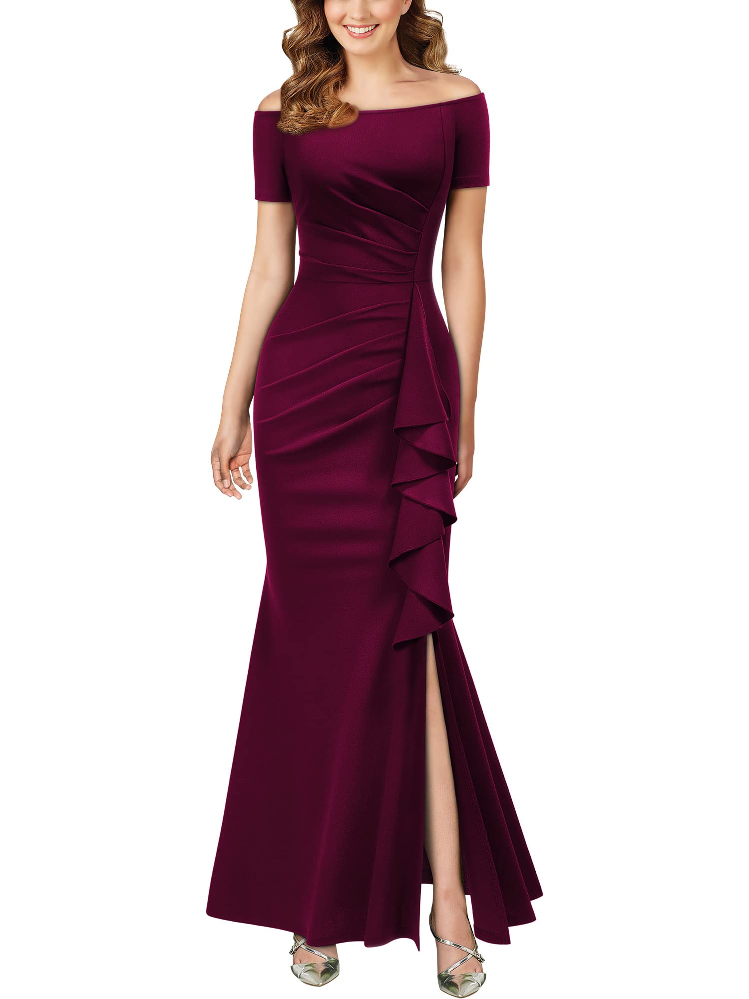 AISIZE Women's Elegant Off Shoulder Ruffle Formal Evening Long Dress