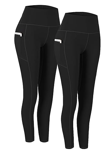 Fengbay 2 Pack High Waist Yoga Pants with Pockets, Tummy Control Workout Running Yoga Leggings for Women - X-Large - Black & Black