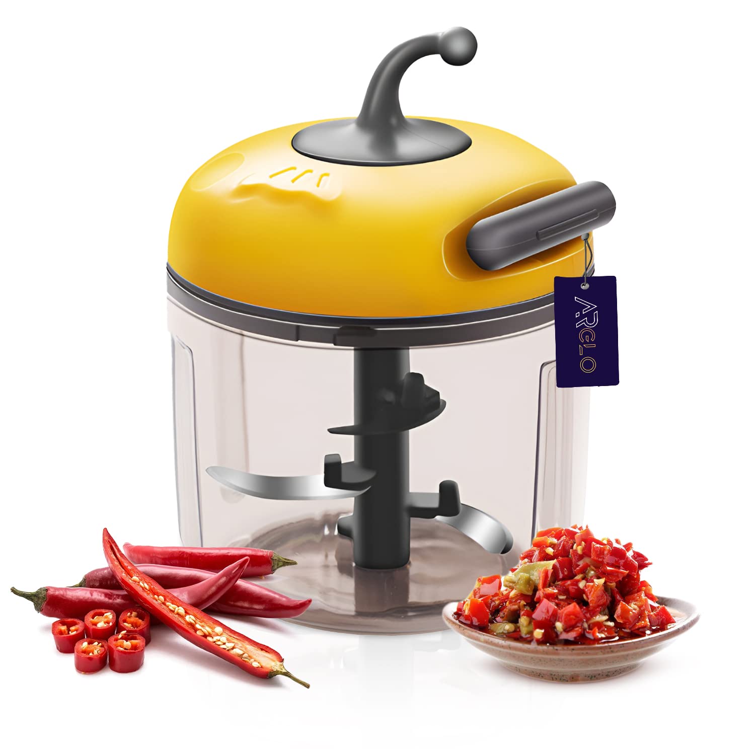 ARGLO Manual Food and Vegetable Chopper, Portable Hand Pull String Garlic Mincer Mixer, Onion Cutter for Veggies Ginger Fruits Nuts Salad Herbs Hummus Coleslaw Pepper Ginger Tomato (16.5x12cm)