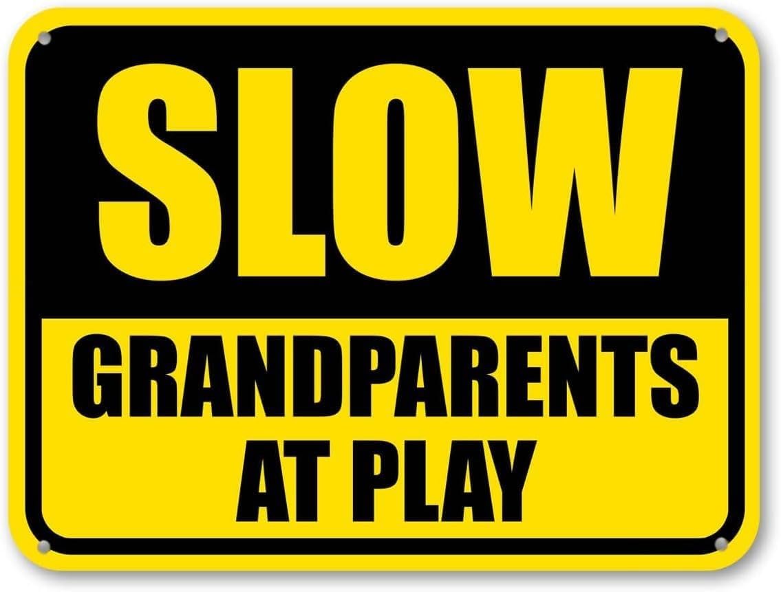 MQXFCZUX Slow Grandparents at Play Retro Metal Tin Sign Whimsical Street Sign Wall-Art for Garden Lawn Porch Home 8 X 12 inch