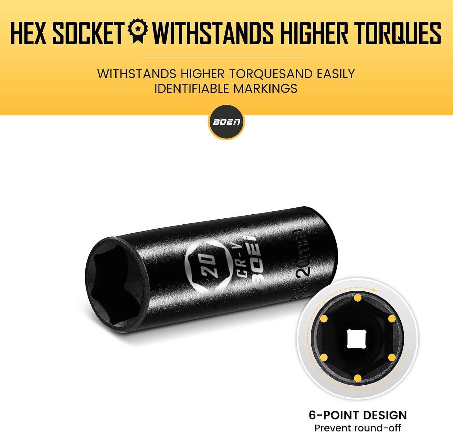 BOEN 1/2" Drive Deep Impact Sockets, Premium Impact Socket, 20mm Socket, Metric, 6 Point, Cr-V Steel with Laser Marking - Strong and Durable
