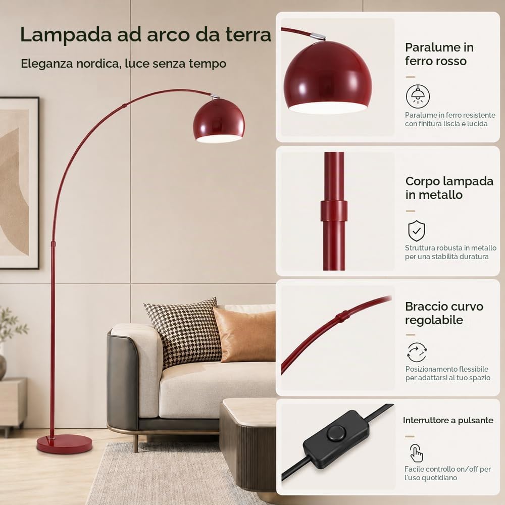 Lampada da terra moderna ad arco rosso, lampada da terra con braccio ad arco regolabile in altezza, luce da terra regolabile con dimmer a 3 colori e interruttore a pulsante, lampada da terra