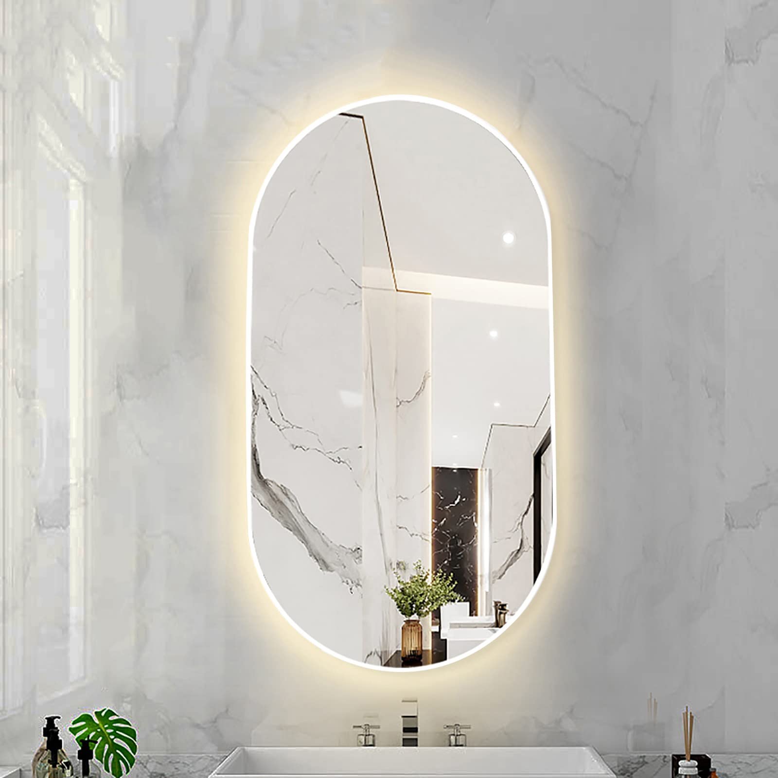 FGXHHS LED Oval with Metal Frame, Backlit Illuminated Lighted Wall Hanging Vanity for Bedroom Entryway (Color : White Frame - Warm Light, Size 40X70CM)
