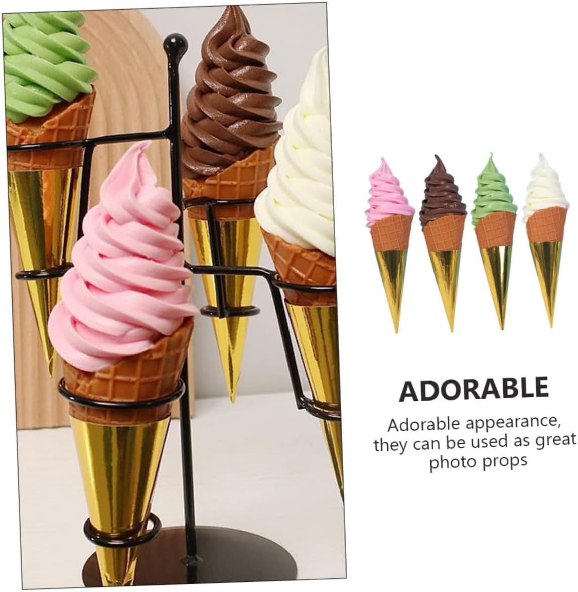 4個の模造アイスクリームコーンモデル、再利用可能なpvc装飾小道具、ショップディスプレイ用、写真撮影用の本物そっくりな 人工デザート
