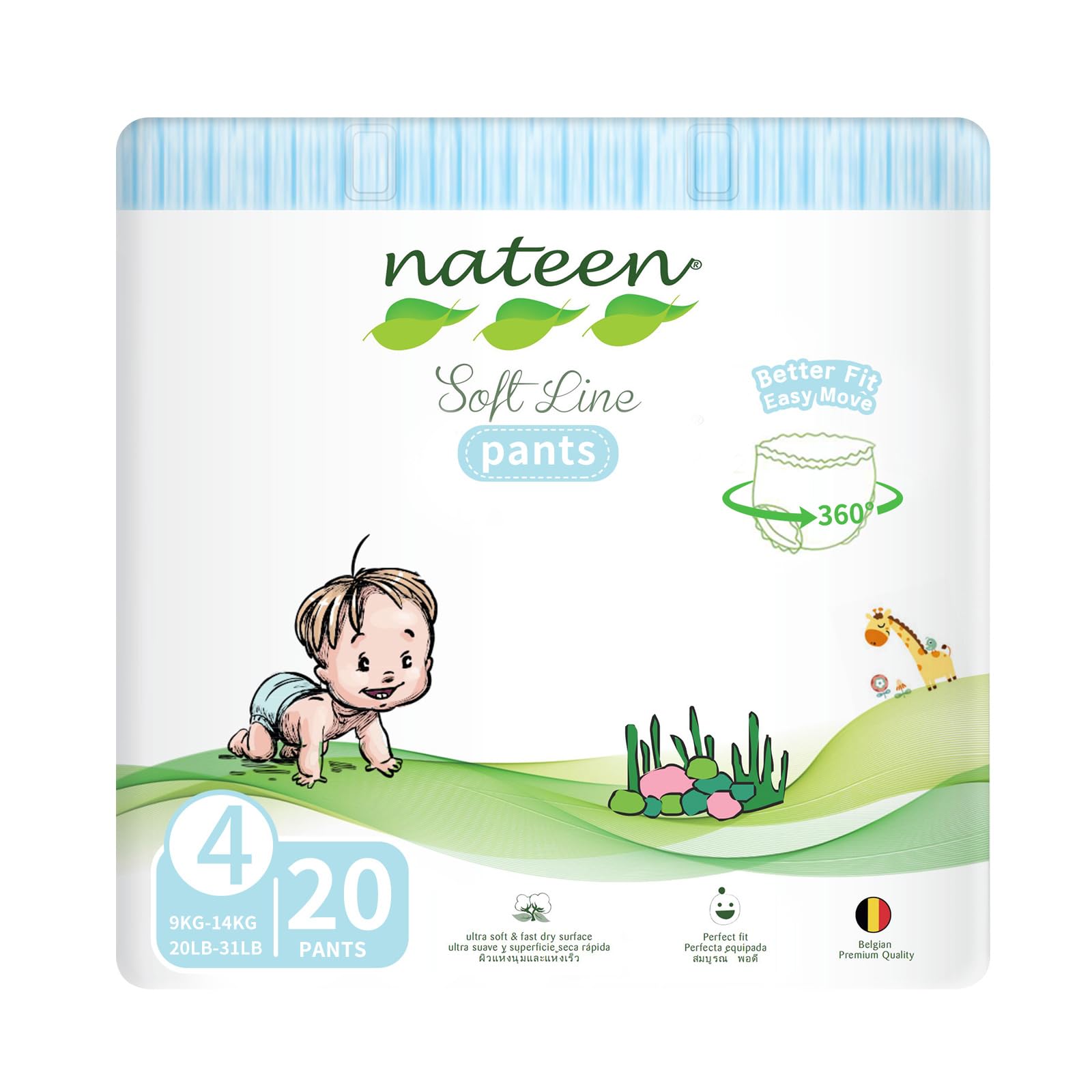 Nateen Soft Line Baby Pants Diapers,Size 4 (9-14kg),Large Baby Pull Ups,20 Count Diaper Pants,Super Soft and Breathable Baby Diapers (20 Count)
