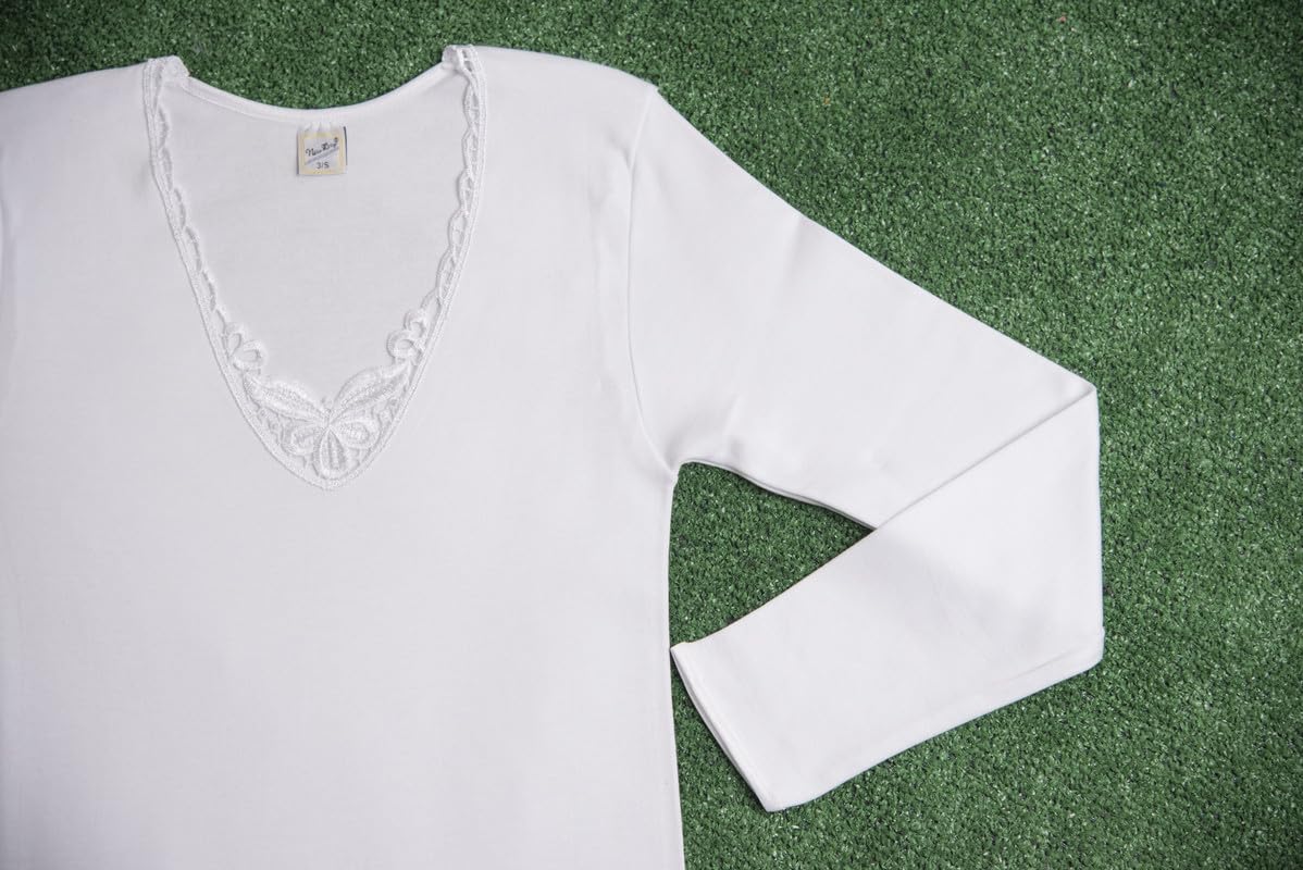Made in Italy - Camicia 3 Underwear in Caldo Cotone con Maniche Lunghe per Donna con Pizzo macramè o Sateen Neckline, Lacy/Bianco, XXL
