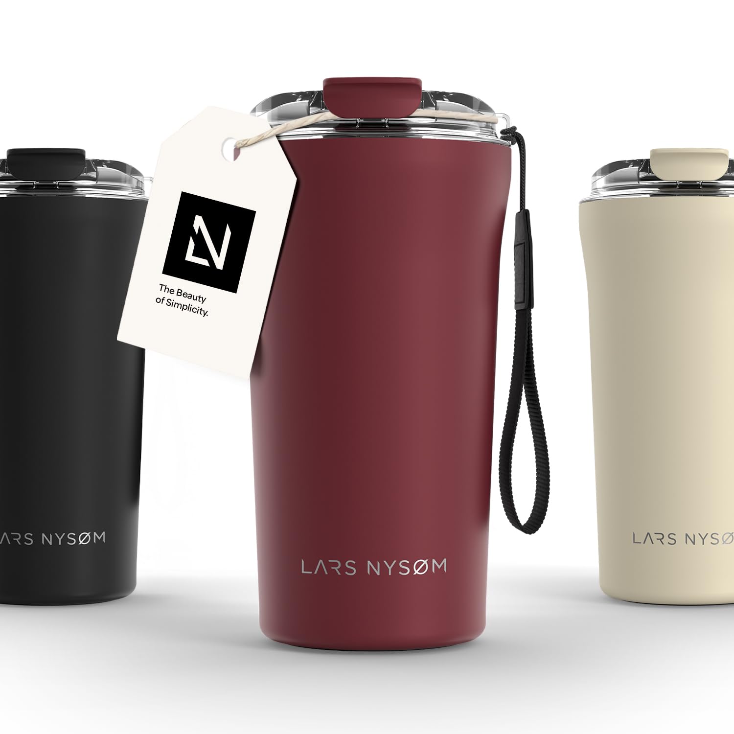 LARS NYSØM Thermo Kaffeebecher to go mit Trageschlaufe & Tritan Deckel | Travel Mug 0,5 Liter mit Isolierung | Auslaufsicherer Edelstahl Thermobecher für Café & Tee (Berry Red, 500ml)