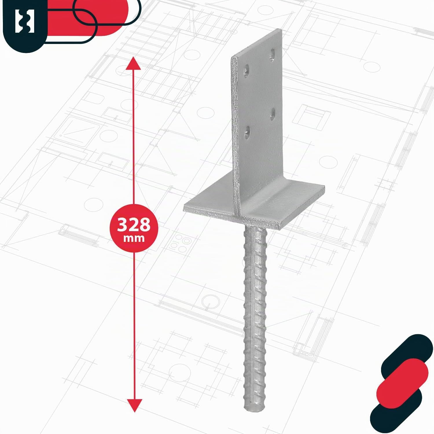 KOTARBAU® Support de poteau en T 130 x 90 x 6 mm à sceller dans le béton avec ancrage béton en acier d'armature, galvanisé à chaud