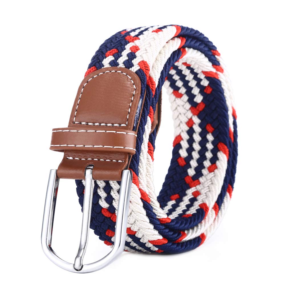 BOZEVON Elastic Woven Belt - Multi-colours Elasticated Braided Stretch Fabric Belt For Men Women Dark Blue and White and Orange