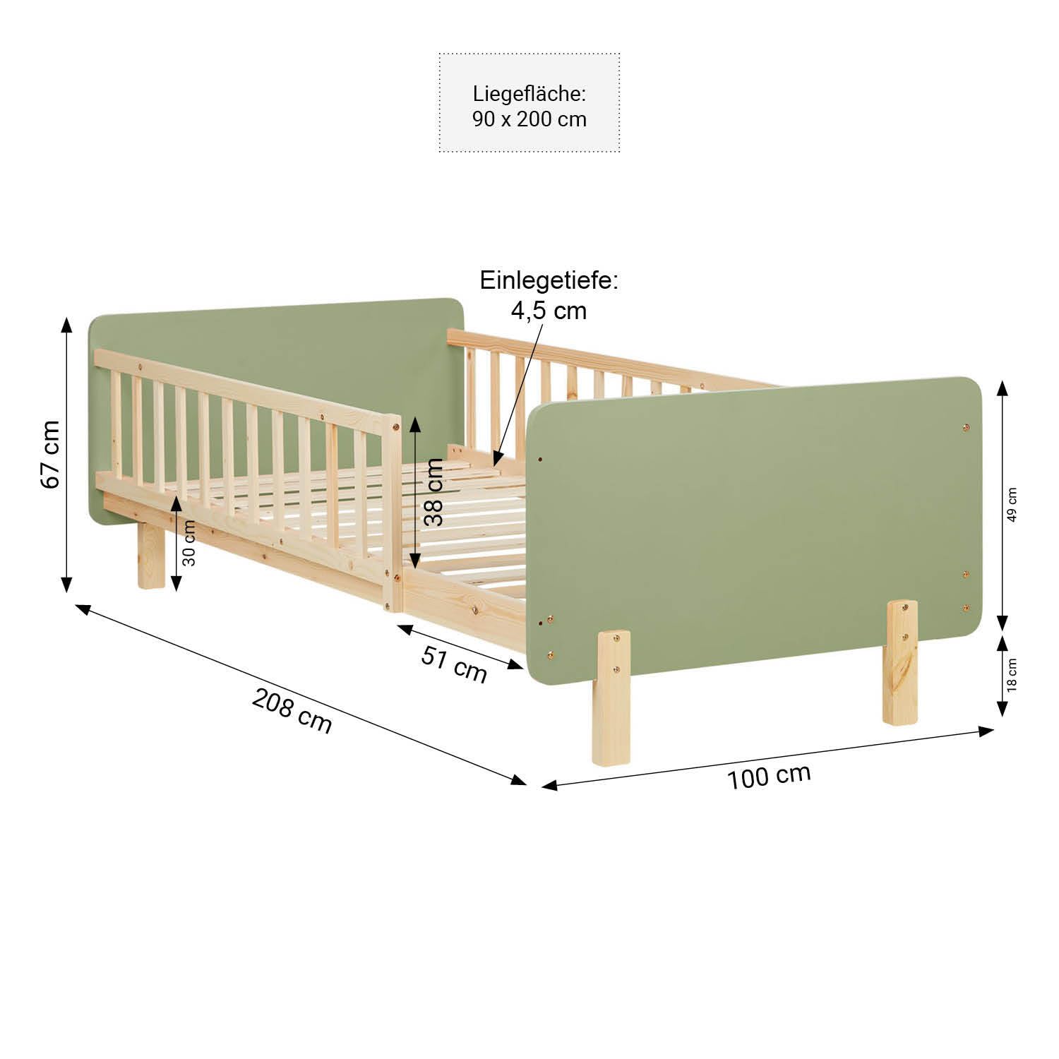 Homestyle4u Kinderbett 90x200 mit Rausfallschutz & Lattenrost Grün | Massivholz Kleinkindbett aus Kiefer im Montessori Design - Gitterbett für Jungen & Mädchen - Stabiles Juniorbett Natur