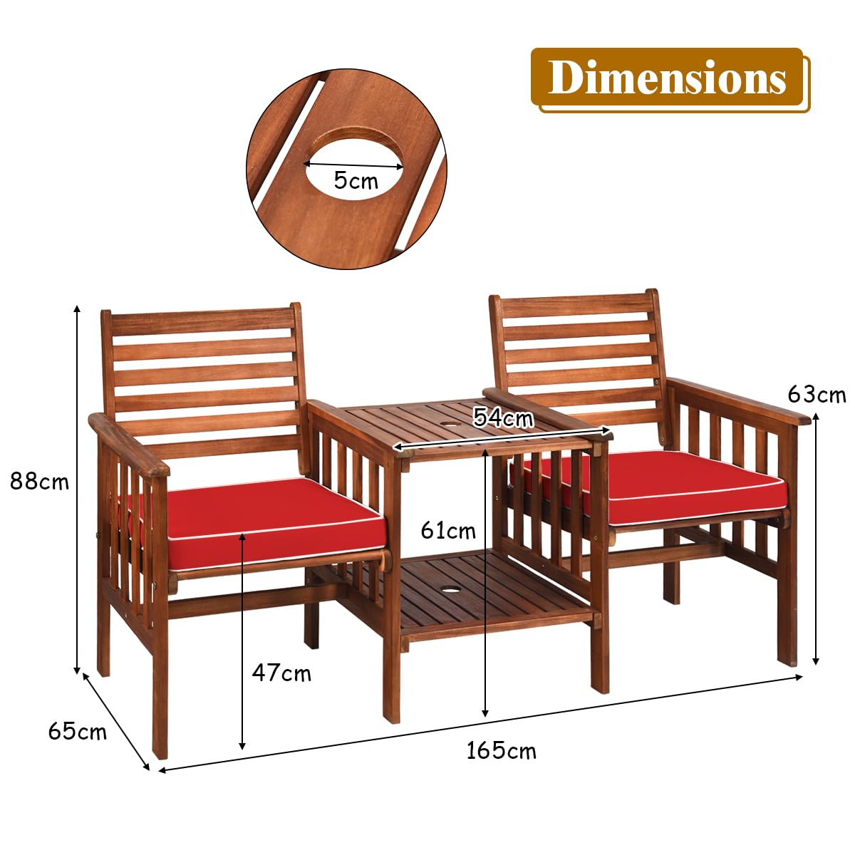GIANTEX Gartenbank Holz mit Tisch, Holzbank Outdoor 2 Sitzer mit Kissen, Sitzbank Garten mit Schirmloch, Friesenbank Kinobank bis 350 kg belastbar, Terrassenbank für Balkon Terrasse 165 x 65 x 88 cm